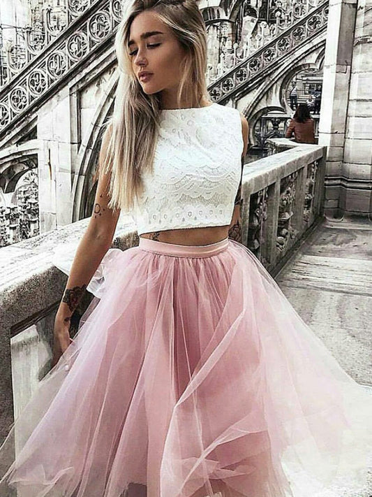 Halter A Line Brooke Jewel Lace Tulle Pleated Pink Two Pieces Homecoming Dresses Sleeveless