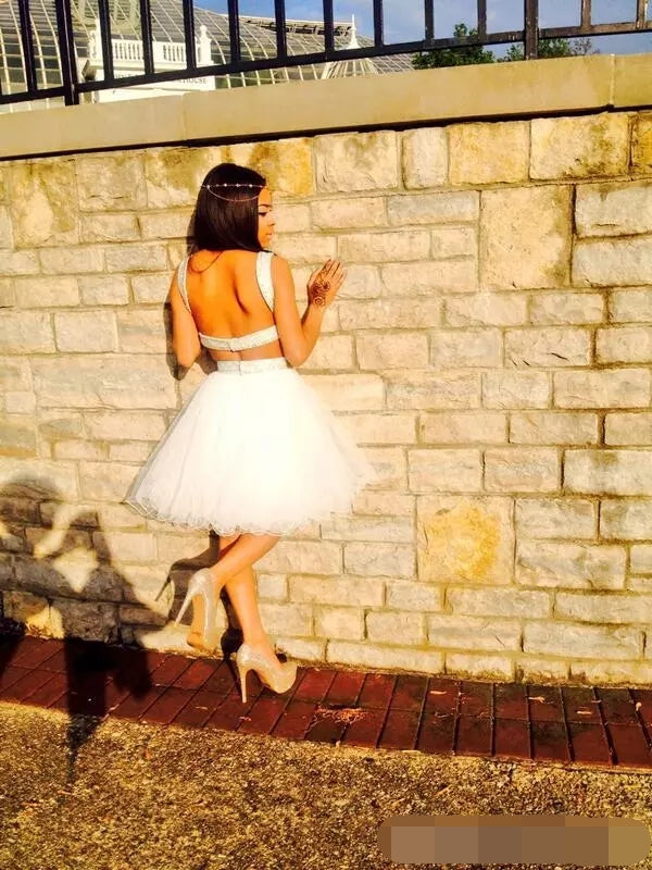 Homecoming Dresses Bateau A Line Two Pieces Sleeveless Yareli Backless Tulle Pleated Sparkle