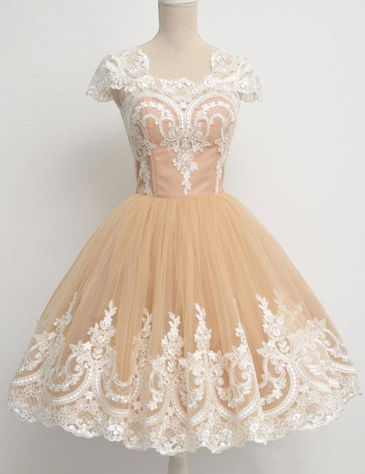 Lace Homecoming Dresses Square Neck Carissa Champagne Cap Sleeve A Line Tulle Pleated Appliques