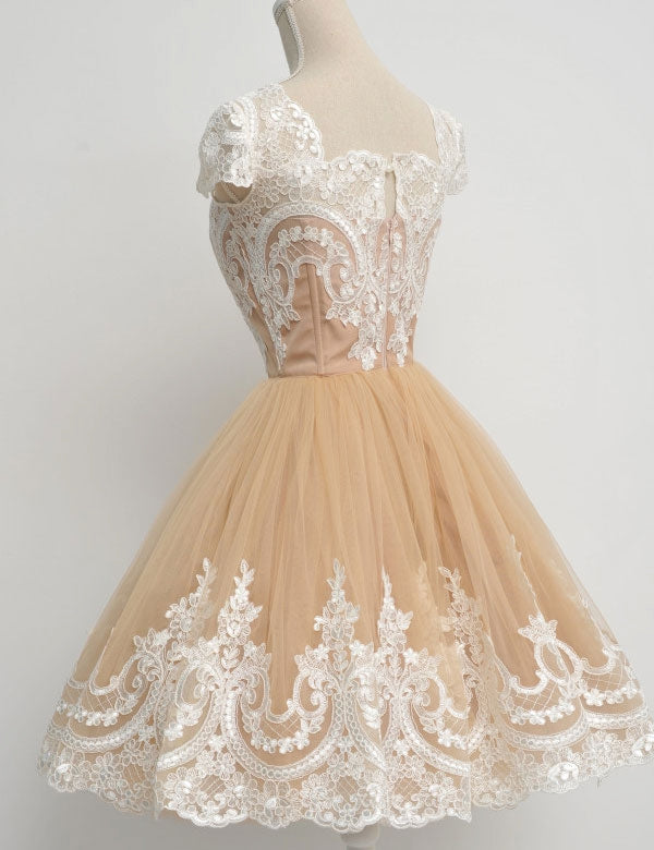 Lace Homecoming Dresses Square Neck Carissa Champagne Cap Sleeve A Line Tulle Pleated Appliques