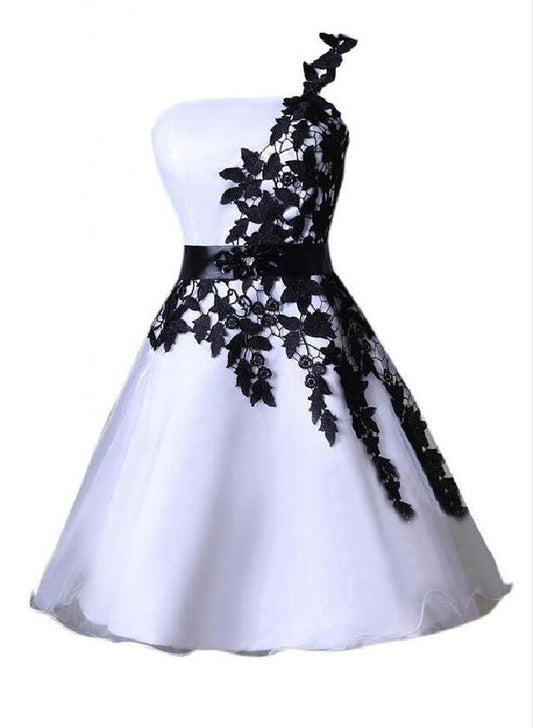 A Line Homecoming Dresses One Shoulder Nadia Lace Up White Satin Appliques Flowers