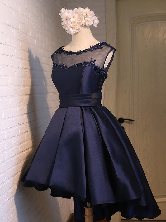 Scoop Ball Gown Backless Cap Sleeve Sheer High Low Madelynn Dark Homecoming Dresses Navy Satin Appliques