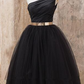 Tatum One Shoulder Sleeveless A Line Ball Homecoming Dresses Gown Black Tulle Ruched Pleated