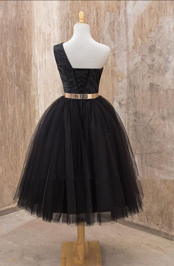 Tatum One Shoulder Sleeveless A Line Ball Homecoming Dresses Gown Black Tulle Ruched Pleated