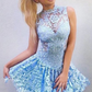 Homecoming Dresses Sleeveless Lace Jewel A Line Flowers Hollow Exquisite Litzy Short Pleated