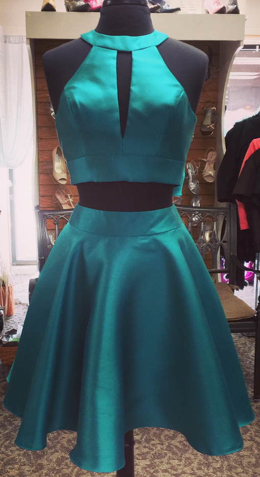 Halter Sleeveless Two Homecoming Dresses Livia Pieces Cut Out Bow Knot A Line Satin Teal Pleated