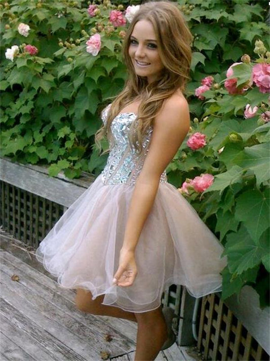 A Line Rhinestone Strapless Sweetheart Tulle Pleated Trinity Homecoming Dresses Sparkle