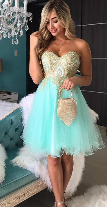 Strapless Sweetheart Daniella Appliques Backless Homecoming Dresses A Line Mint Green Organza