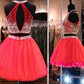 Alayna Homecoming Dresses Sleeveless Two Pieces A line Pleated Organza Red Halter Rhinestone Backless