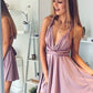 Deep V Neck Straps Backless Criss Cross Sexy Dusty Rose Homecoming Dresses A Line Satin Anahi Pleated