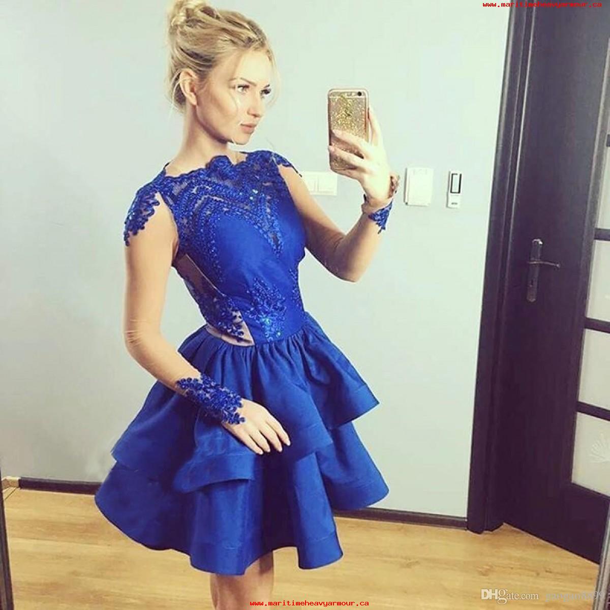 Jewel Long Sleeve Appliques Satin Homecoming Dresses Royal Blue Carissa Tiered Lace Short