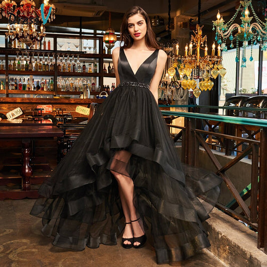 Stephany Deep Homecoming Dresses V Neck Sleeveless Rhinestone A Line Organza Black High Low