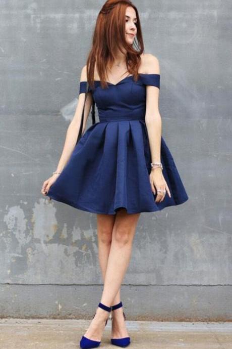 Off London The Homecoming Dresses Shoulder Dark Navy Ball Gown Pleated Simple Elegant Satin