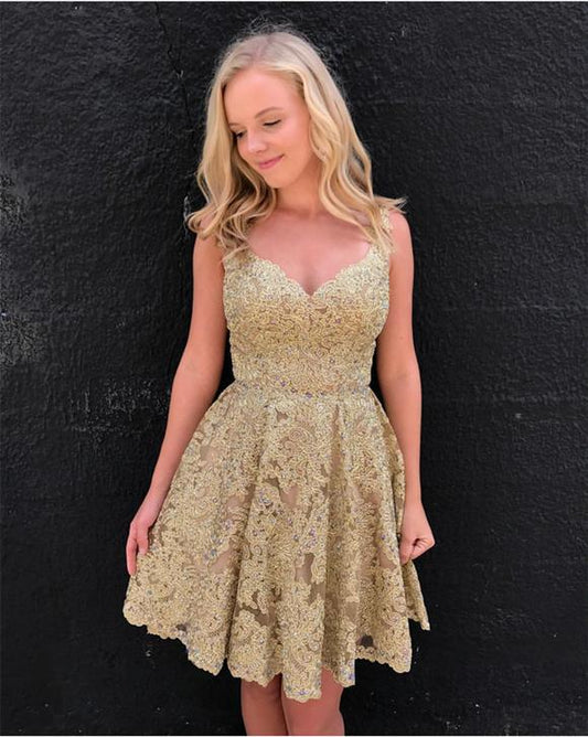 Gold V Homecoming Dresses Neck Sleeveless Lace Appliques A Line Macie Pleated Flowers Backless