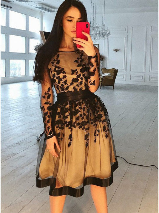 Long Sleeve Flowers Scoop Kenna Sheer Appliques Homecoming Dresses Lace Organza Pleated Knee Length