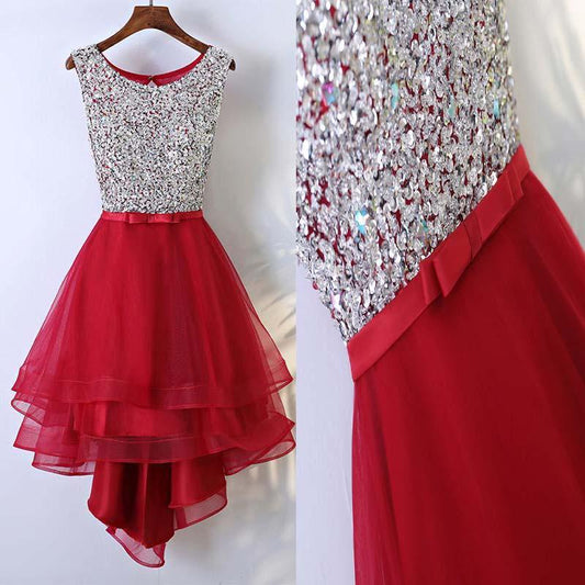 Homecoming Dresses Scoop A Line red Organza High Low Anne Bowknot Organza Rhinestone Sleeveless