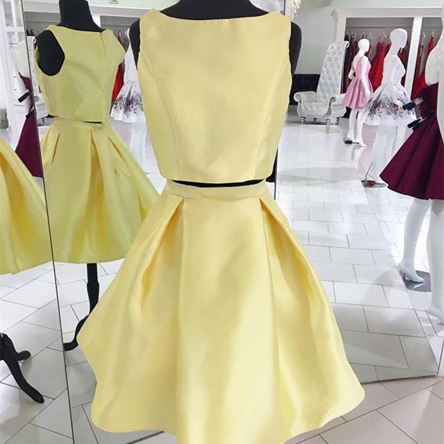Bateau Sleeveless A Amya Line Two Pieces Satin Pleated Simple Light Homecoming Dresses Yellow