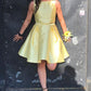 Bateau Sleeveless A Amya Line Two Pieces Satin Pleated Simple Light Homecoming Dresses Yellow