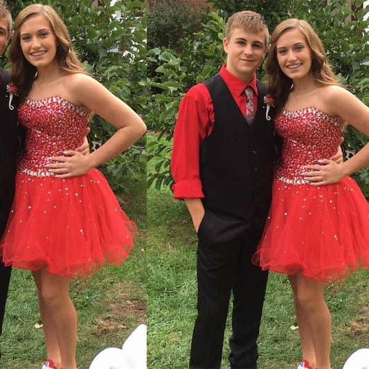 Red Strapless Sarahi Sweetheart A Line Homecoming Dresses Rhinestone Organza Backless Sparkle