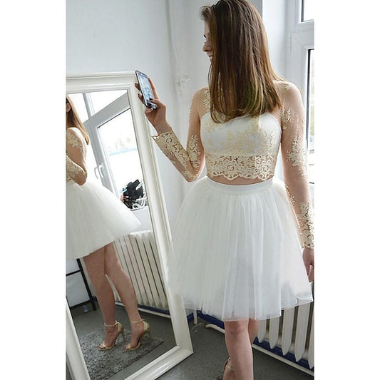 Long Homecoming Dresses Sleeve White Jewel Lace Appliques Jordyn Tulle Cut Out Sheer Ball Gown