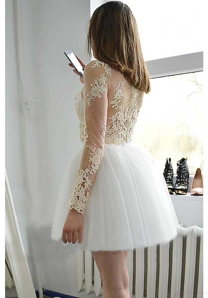 Long Homecoming Dresses Sleeve White Jewel Lace Appliques Jordyn Tulle Cut Out Sheer Ball Gown