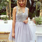 Sleeveless Maia A Line Homecoming Dresses Tulle Appliques V Neck Grey Pleated Short