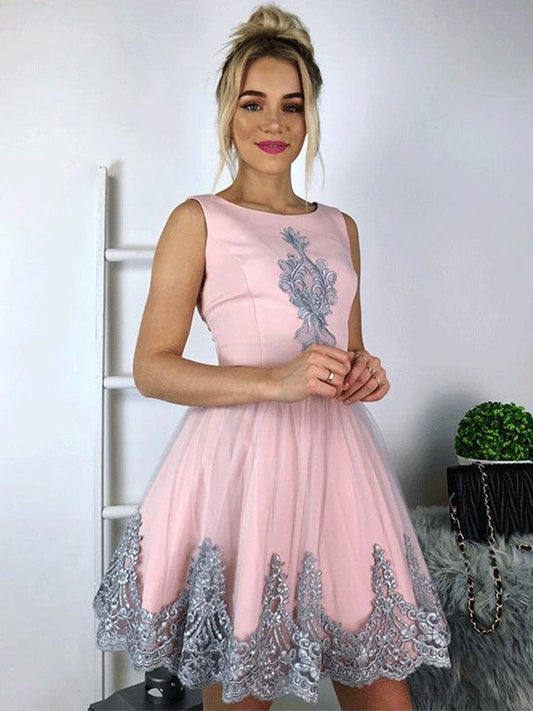 Scoop Homecoming Dresses Sleeveless A Line Appliques Tulle Pink Flowers Lindsay Elegant Short
