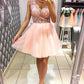 Sleeveless Peach Deep V Neck Ryleigh Lace Appliques Flowers Tulle Pleated A Homecoming Dresses Line