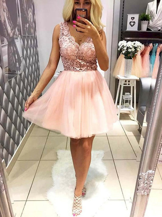 Sleeveless Peach Deep V Neck Ryleigh Lace Appliques Flowers Tulle Pleated A Homecoming Dresses Line