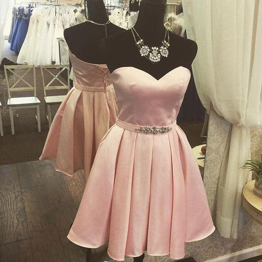 Satin Homecoming Dresses Strapless Sweetheart Backless Pink Pleated A Kaitlyn Line Rhinestone Lace Up