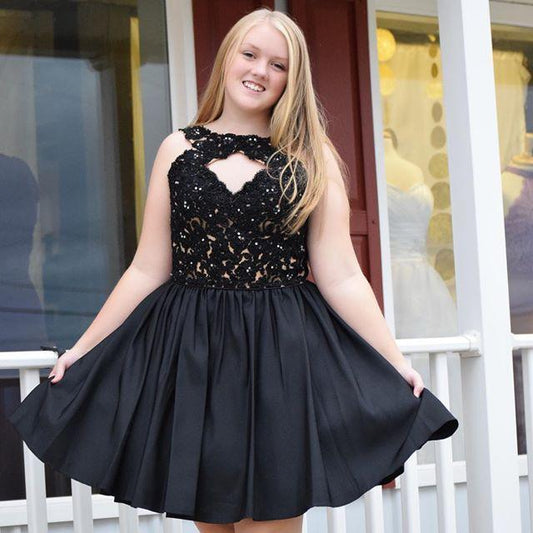 Jewel Sleeveless Cut out Black Satin A Homecoming Dresses Line Isla Appliques Pleated Short