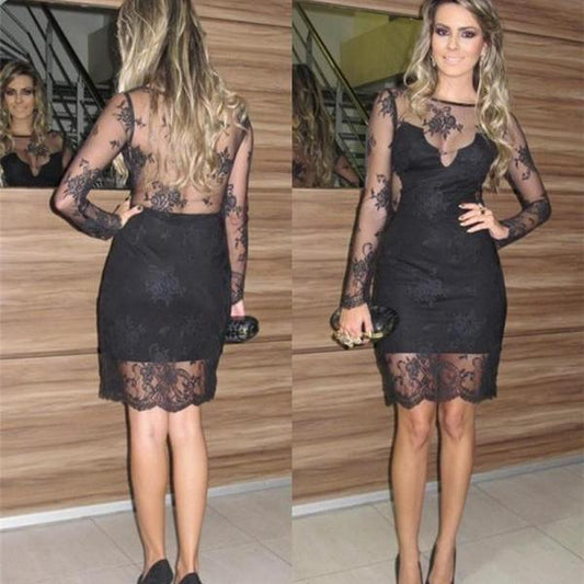 Lace Sexy Black Long Sleeve Sheath Sheer Kaia Back Homecoming Dresses Flowers See Through