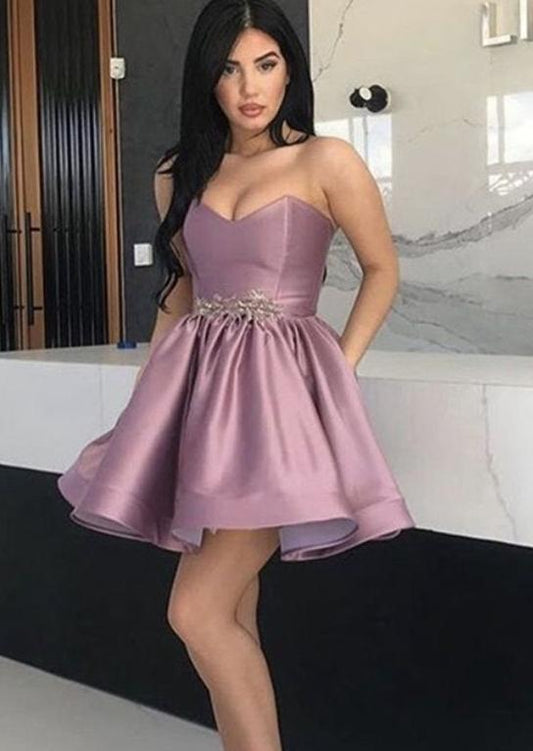 Homecoming Dresses Chasity Strapless Sweetheart Pink Rhinestone Satin A Line Pleated Cute