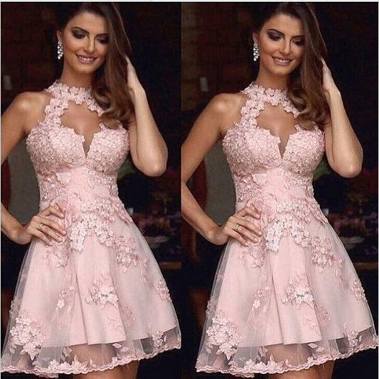 Halter Pink Rhianna Sleeveless A Line Cut Homecoming Dresses Out Appliques Lace Flowers Pleated