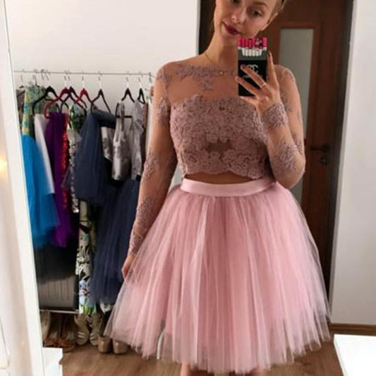Bateau Long Sleeve Pink Appliques Lace Homecoming Dresses Amara Two Pieces A Line Tulle Pleated