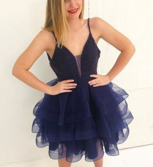 Aurora Spaghetti Straps Homecoming Dresses Ball Gown V Neck Sheer Organza Tiered Sheer Dark Navy