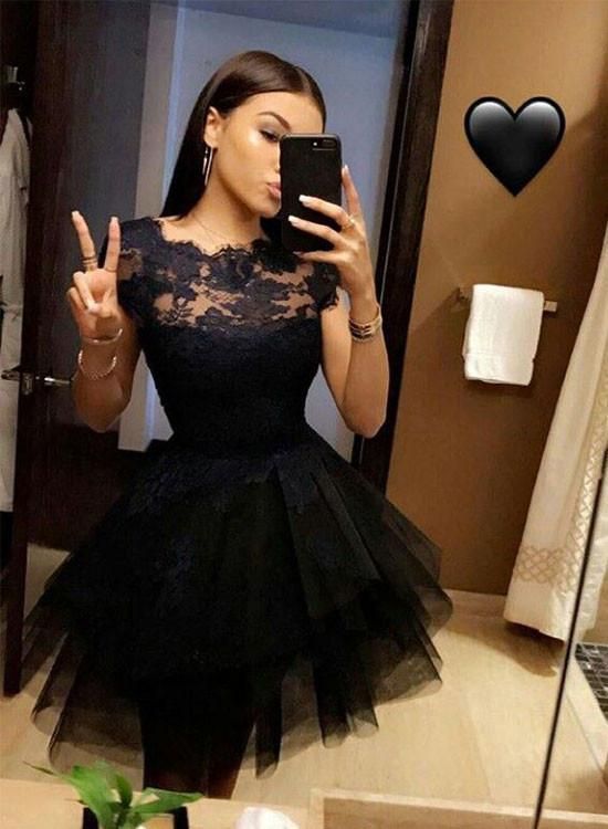 Short Sleeve Jewel A Line Tulle Pleated Homecoming Dresses Lace Stephany Appliques Sheer