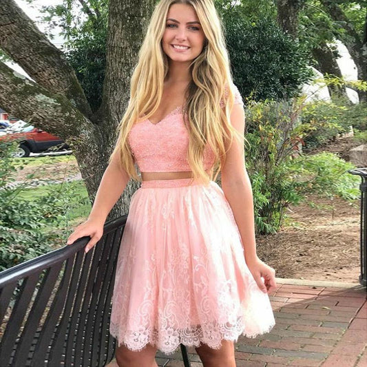 Homecoming Dresses Pink Cap Sleeve Makena V Neck Two Pieces Lace Pleated A Line Beading Flowers