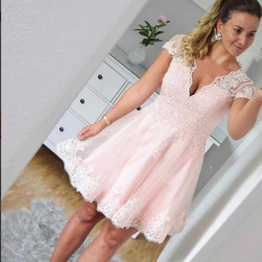 Cap Sleeve Lace A Adeline Line Pink Deep V Homecoming Dresses Neck Sheer Pleated
