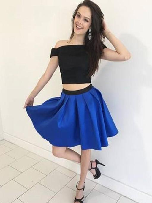 Off The Shoulder Satin Royal Blue Dylan Pleated Two Homecoming Dresses Pieces Elegant A Line
