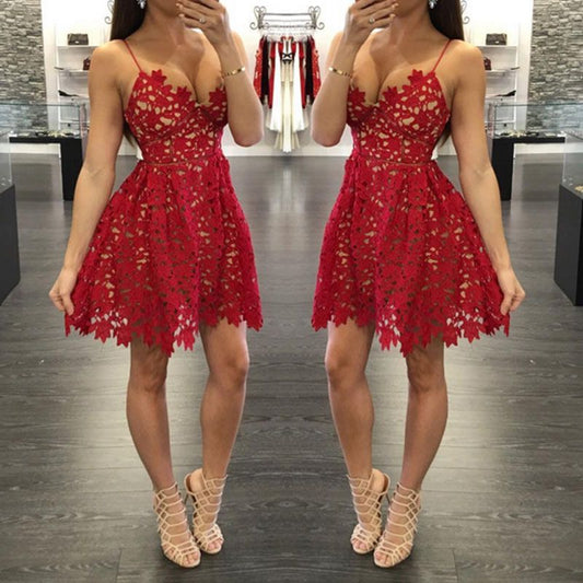 Deep V Neck Hollow Lace Spaghetti Straps Homecoming Dresses Red A Amara Line Sexy Pleated