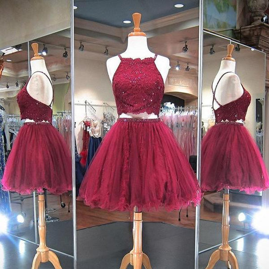 Burgundy Beading Halter Criss Lacey Homecoming Dresses Cross Backless Two Pieces Organza A Line