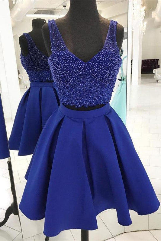 Homecoming Dresses V Kailyn Neck Sleeveless Royal Blue Two Pieces Beading Satin Backless A Line