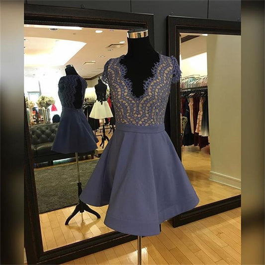 Cap Sleeve Nadia Deep V Neck Homecoming Dresses Backless Satin A Line Lavender Pleated Lace