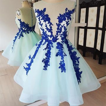 Blue Scoop Sleeveless Sheer Danna Back Homecoming Dresses Appliques A Line Lace Tulle
