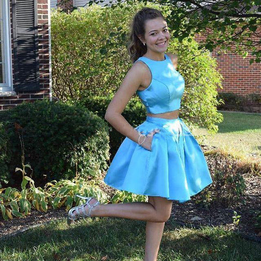 Two Pieces Jewel Sleeveless Kyra Blue Homecoming Dresses A Line Pockets Pleated Satin Short