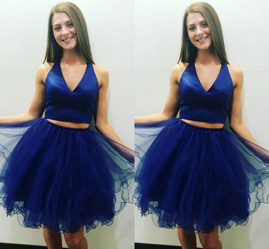 V Neck Sleeveless Two Pieces Homecoming Dresses Pleated Crystal Organza A Line Royal Blue