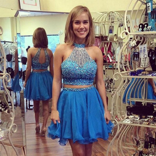 Two Pieces Backless Adelaide Homecoming Dresses A Line Halter Sleeveless Beading Organza Blue