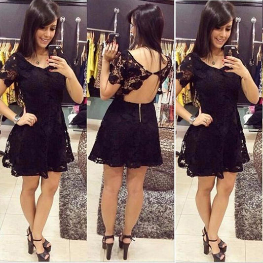 Lace Georgia Backless Scoop Black Short Sleeve A Line Sexy Flowers Homecoming Dresses Pleated