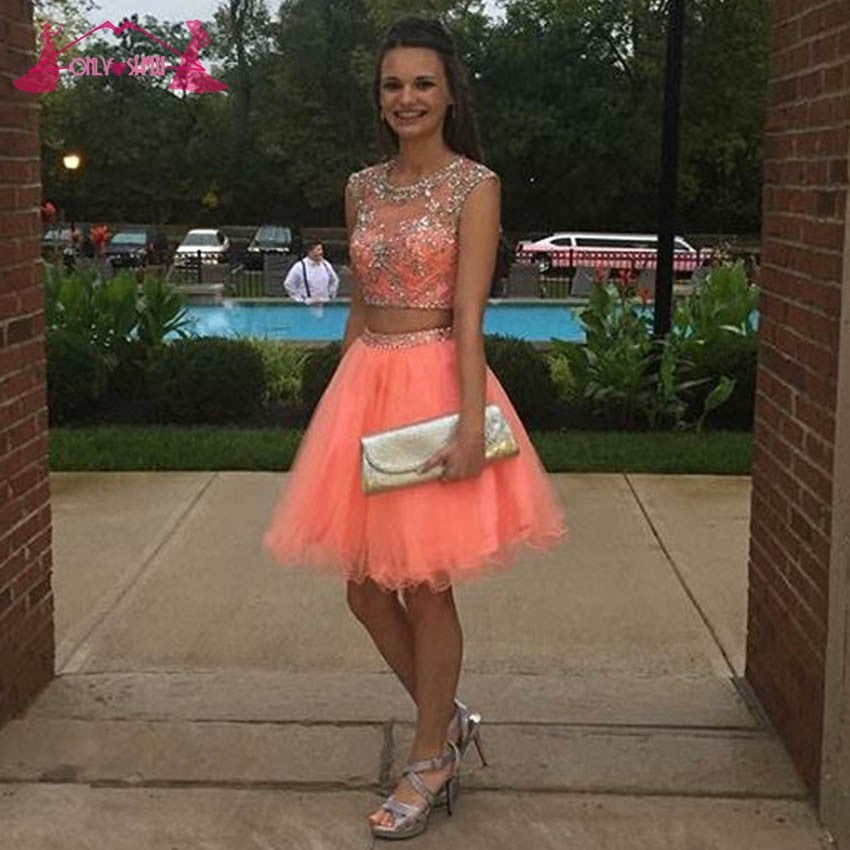 Two Pieces Homecoming Dresses Scoop A Cecelia Line Organza Coral Cap Sleeve Rhinestone